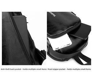 Detail view of anti-theft back pocket and spacious front compartment for gadgets