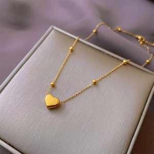 18K gold plated titanium steel heart pendant necklace with delicate beaded chain design