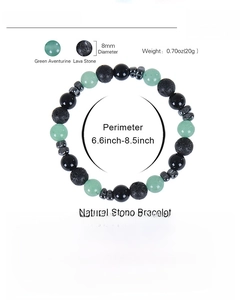 Detail view of 8mm natural lava stone and green aventurine beaded bracelet with size specs