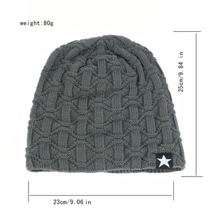 Dark grey knitted beanie for men with star patch and warm wavy texture 25cm height