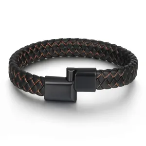 Multi-layer woven leather bracelet for men with matte black magnetic metal clasp