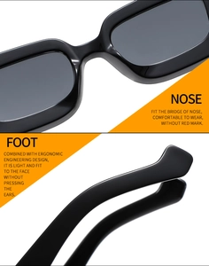 Ergonomic nose pads and curved temples of black square sunglasses for comfort