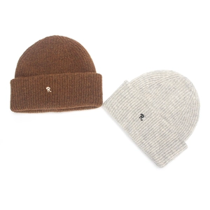 Brown and grey knitted beanies with R letter embroidery and warm ribbed texture