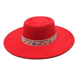 Classic red wide brim wool felt fedora with bohemian patterned band for autumn and winter