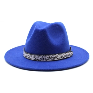 Detail of blue wool fedora hat featuring wide brim and stylish faux snakeskin band decoration