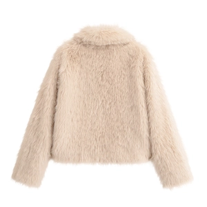 Fashionable beige faux fur jacket for women with lapel collar and plush texture short cut