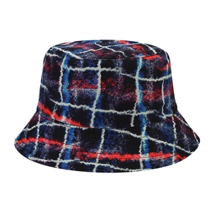 Reversible bucket hat with navy blue and red graffiti plaid pattern for sun protection