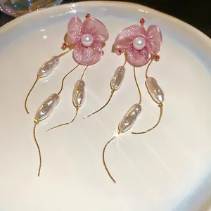 Pink chiffon flower earrings with baroque pearl tassels and sparkling diamond studs