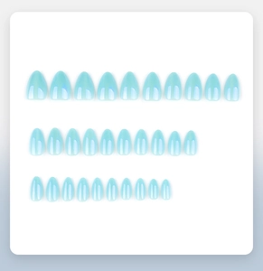 Detail of 30pcs light blue cat-eye short almond press-on nails with pearl luster