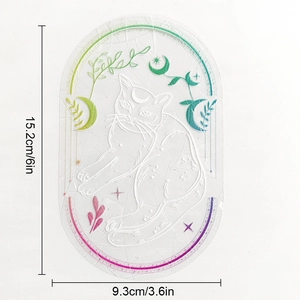 Cat and moon prism window decal detail showing 15.2cm by 9.3cm dimensions on white background