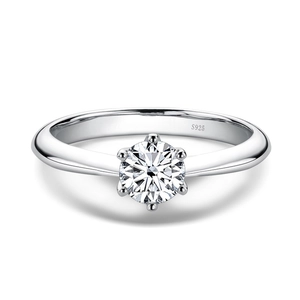 Classic S925 sterling silver six-prong 2ct moissanite ring shown on white background
