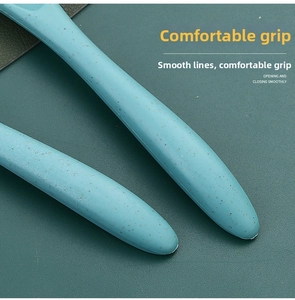 Detail of light blue wheat straw handles with ergonomic grip and matte texture finish