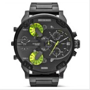 Macro view of multi-timezone black stainless steel watch dial with green gear accents
