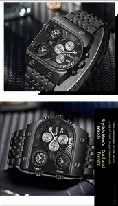 Macro detail of black stainless steel multi-timezone square watch with industrial dial