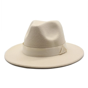 Classic beige wool felt fedora hat with flat brim and wide matching decorative ribbon
