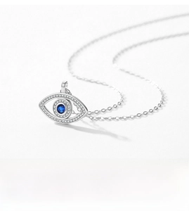 Detailed close-up of S925 silver evil eye pendant with blue stone and white zircons