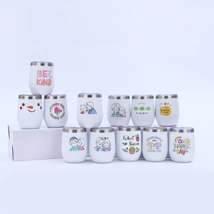 Detailed view of 12oz stainless steel wine tumblers with various colorful cartoon prints