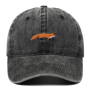 Vintage charcoal washed cotton baseball cap featuring an orange fox embroidery design