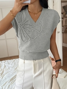Women's V-neck gray knitted vest with elegant 3D floral embroidery decoration