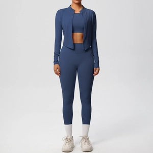 Detail of navy blue three-piece yoga set with brushed fabric jacket and leggings