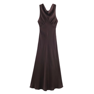 Cowl Neck Satin Maxi Dress Sleeveless Solid Color Elegant Satiny Slip Dress For Women Vacation Party