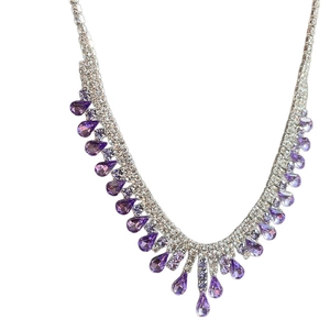 Silver drop fringe necklace with purple teardrop gemstones and sparkling crystals