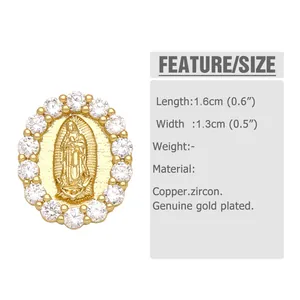 Size details and macro view of the Virgin Mary gold-plated zircon earrings