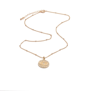 Golden coin necklace with evil eye pendant and zircon stone on a satellite chain