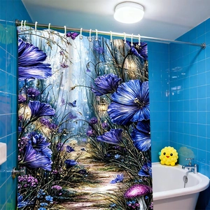 Dreamy nature shower curtain with purple poppies and glowing mushrooms for bathroom