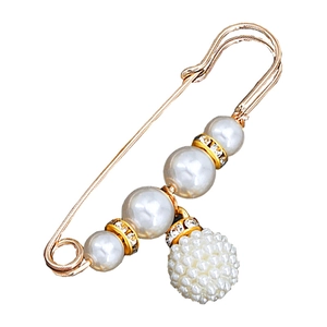 Elegant gold safety pin waist cincher with white pearls and a crystal beaded ball charm