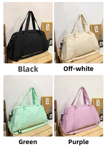 Spacious sports gym duffel bags shown in black, beige, mint green and purple colors.