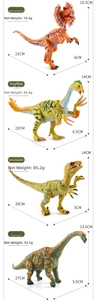 Detailed size chart of four realistic dinosaur models with precise dimensions and weights