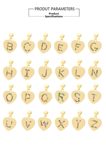 Macro display of 24 gold plated heart letter pendants with colorful cubic zirconia