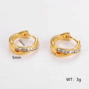 French luxury gold crisscross earrings with cubic zirconia and dimension details