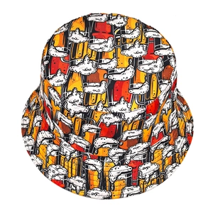 Retro beer mug print bucket hat with all-over vintage cartoon pattern and sun protection