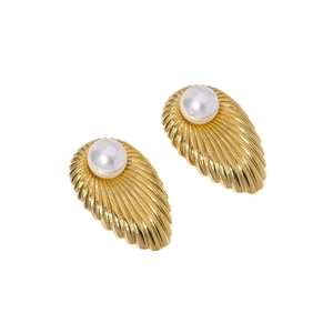 French vintage style 18K gold plated pearl stud earrings with shell shape on white background
