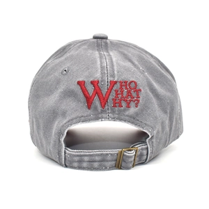 Detail view of washed grey cotton baseball cap with red 3D embroidery and adjustable strap