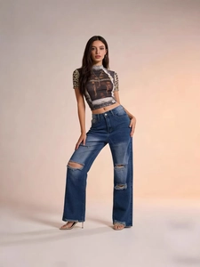 Women stylish black printed t-shirt and distressed wide leg straight jeans set