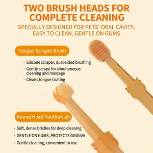 Orange silicone pet toothbrush set with tongue scraper and soft round bristles for dogs and cats