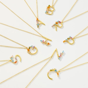S925 silver necklace with gold plated colorful zirconia inlaid capital letter pendants