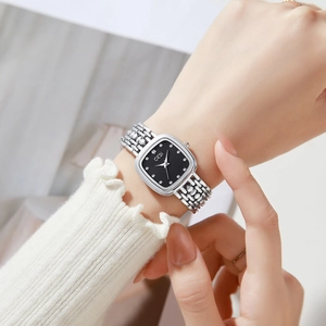 Elegante silberne GEDI Quarzuhr mit schwarzem Zifferblatt für Damen am Handgelenk