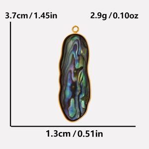 Detail view of abalone shell pendant with 3.7cm length and 1.3cm width measurements