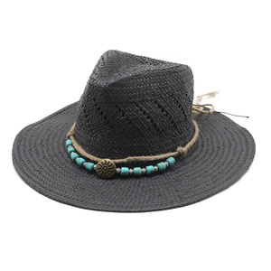 Ethnic style black woven straw jazz hat with turquoise beads and sun totem metal buckle