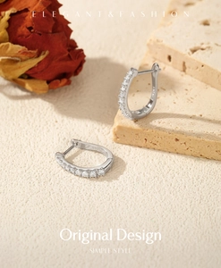 Detail view of S925 sterling silver hoop earrings with glistening Moissanite pavé setting