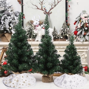 Mini Christmas trees set with golden stars and silver snowflakes plush tree skirts and burlap base