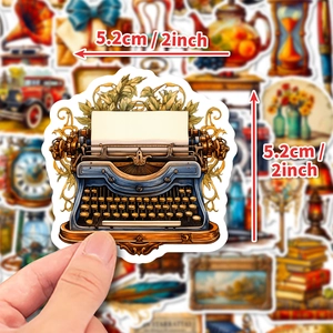 Vintage typewriter sticker 5.2cm square size held by hand for retro notebook decoration