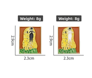 Detail of artistic cat enamel pins inspired by oil paintings with weight and size specs