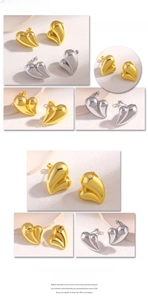 Detailed views of 18K gold and silver heart stud earrings with a 3D layered design