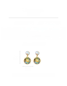 Close-up of gold-plated starburst earrings with shell inlay, pearl, and measurements
