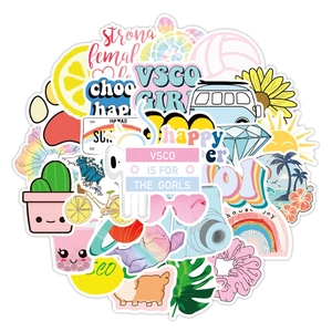 Macro shot of colorful VSCO girl style waterproof PVC stickers for laptop and luggage